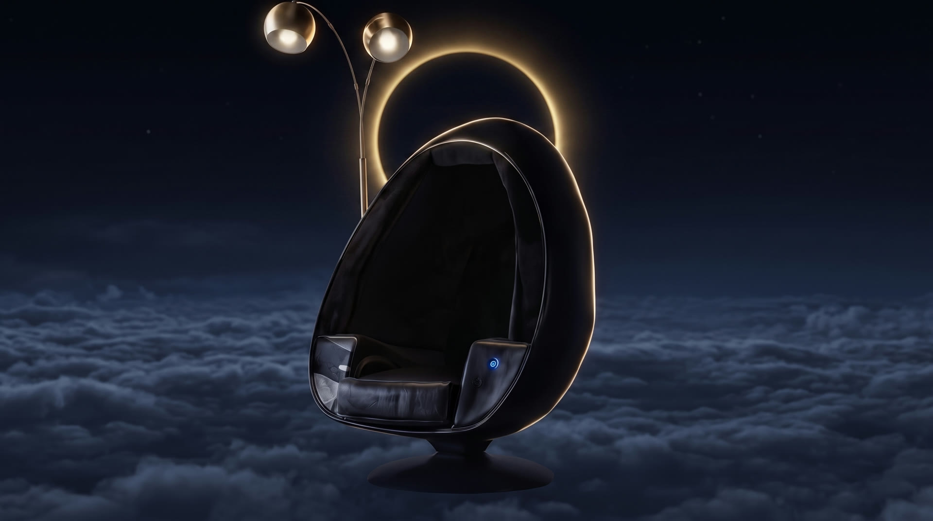 AI-assisted eclipse scene based on the real dark Solodome Signature chair