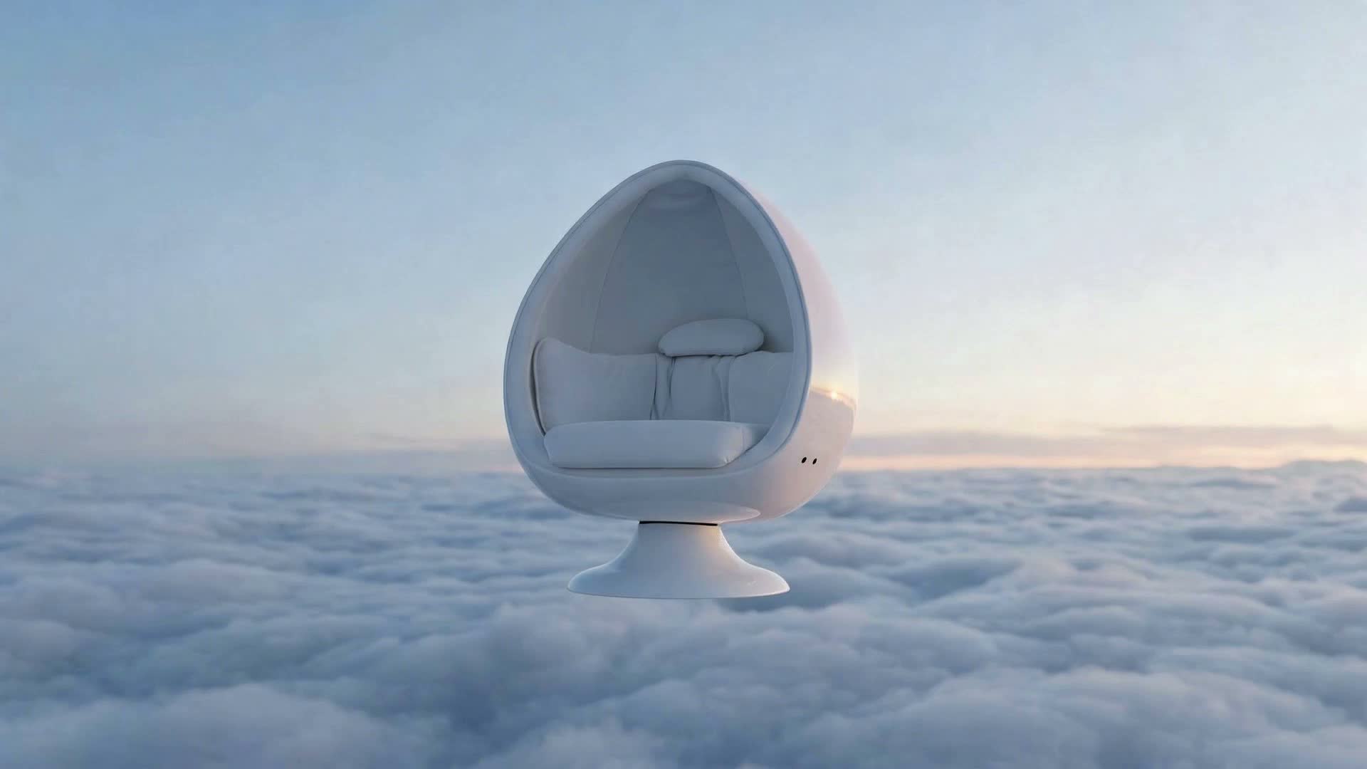 A white Solodome Deluxe chair floating above clouds