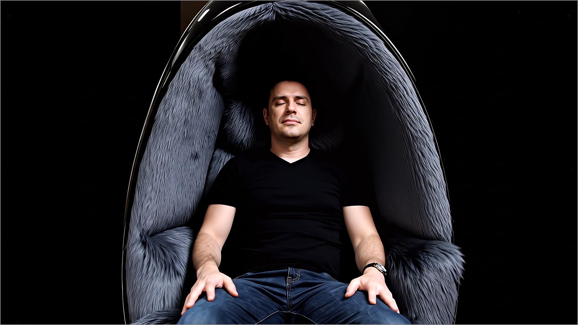 A listener resting inside a dark Solodome chair