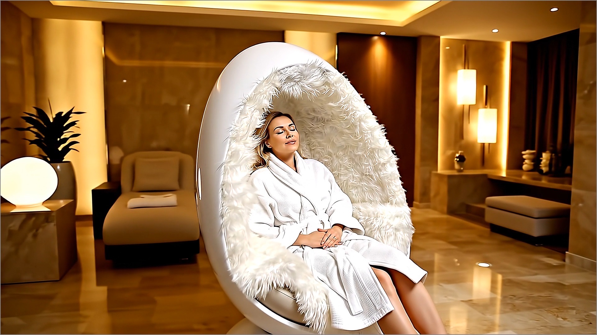 A listener relaxing in a white Solodome in a warm wellness setting